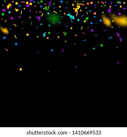 Streamers and confetti. Festive tinsel and foil ribbons. Confetti gradient on black background. Beauteous paty overlay template. Extra celebration concept.