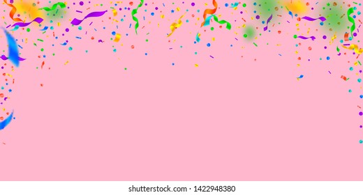 Streamers and confetti. Festive tinsel and foil ribbons. Confetti falling rain on pink background. Bewitching paty overlay template. Ravishing celebration concept.