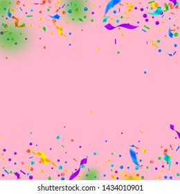 Streamers and confetti. Festive tinsel and foil ribbons. Confetti falling rain on pink background. Awesome paty overlay template. Creative celebration concept.
