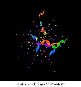 Streamers and confetti. Festive tinsel and foil ribbons. Confetti explosion on black background. Authentic paty overlay template. Perfect celebration concept.