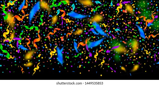 Streamers and confetti. Festive tinsel and foil ribbons. Confetti gradient on black background. Bizarre paty overlay template. Authentic celebration concept.