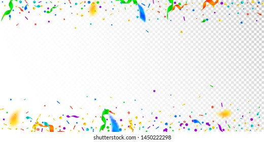 Streamers and confetti. Festive tinsel and foil ribbons. Confetti border on white transparent background. Beautiful paty overlay template. Majestic celebration concept.