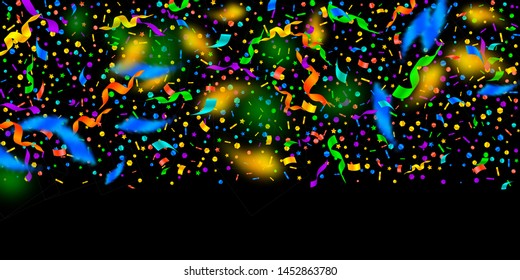 Streamers and confetti. Festive tinsel and foil ribbons. Confetti gradient on black background. Bizarre paty overlay template. Charming celebration concept.