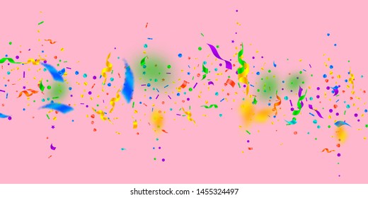 Streamers and confetti. Festive tinsel and foil ribbons. Confetti falling rain on pink background. Bewitching paty overlay template. Immaculate celebration concept.