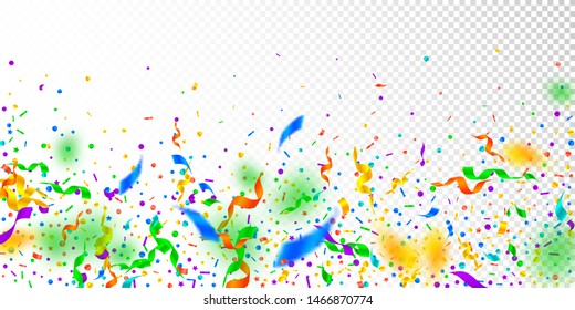 Streamers and confetti. Festive tinsel and foil ribbons. Confetti falling rain on white transparent background. Bewitching paty overlay template. Noteworthy celebration concept.