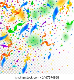 Streamers and confetti. Festive tinsel and foil ribbons. Confetti gradient on white transparent background. Beauteous paty overlay template. Attractive celebration concept.
