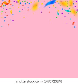 Streamers and confetti. Festive tinsel and foil ribbons. Confetti gradient on pink background. Beauteous paty overlay template. Pretty celebration concept.