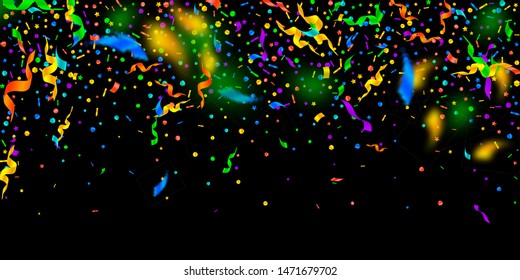 Streamers and confetti. Festive tinsel and foil ribbons. Confetti falling rain on black background. Bewitching paty overlay template. Sublime celebration concept.