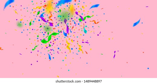 Streamers and confetti. Festive tinsel and foil ribbons. Confetti explosion on pink background. Bewitching paty overlay template. Admirable celebration concept.
