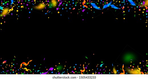 Streamers and confetti. Festive tinsel and foil ribbons. Confetti falling rain on black background. Bewitching paty overlay template. Pleasing celebration concept.