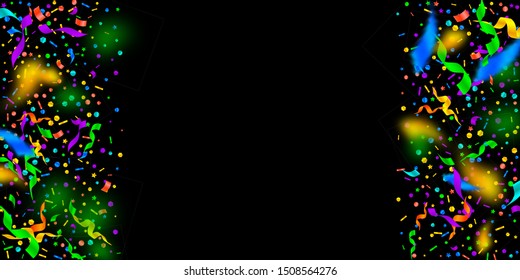 Streamers and confetti. Festive tinsel and foil ribbons. Confetti border on black background. Beautiful paty overlay template. Mind-blowing celebration concept.