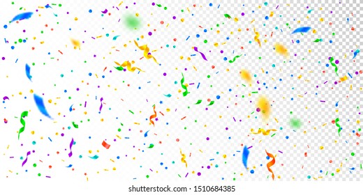 Streamers and confetti. Festive tinsel and foil ribbons. Confetti falling rain on white transparent background. Bewitching paty overlay template. Decent celebration concept.