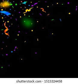 Streamers and confetti. Festive tinsel and foil ribbons. Confetti corner on black background. Authentic paty overlay template. Impressive celebration concept.