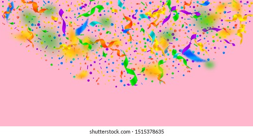 Streamers and confetti. Festive tinsel and foil ribbons. Confetti semicircle on pink background. Bizarre paty overlay template. Incredible celebration concept.