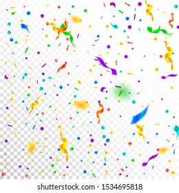 Streamers and confetti. Festive tinsel and foil ribbons. Confetti falling rain on white transparent background. Awesome paty overlay template. Fine celebration concept.