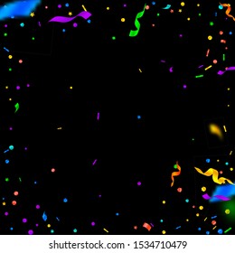 Streamers and confetti. Festive tinsel and foil ribbons. Confetti vignette on black background. Beautiful party overlay template. Bold celebration concept.