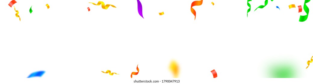 Streamers and confetti. Festive streamers tinsel and foil ribbons. Confetti falling rain on white background. Brilliant party overlay template. Energetic celebration concept.
