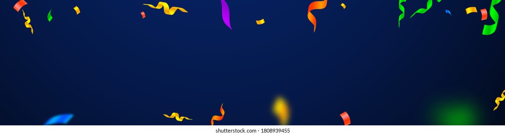 Streamers and confetti. Festive streamers tinsel and foil ribbons. Confetti falling rain on dark blue background. Brilliant party overlay template. Emotional celebration concept.