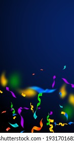 Streamers and confetti. Festive streamers tinsel and foil ribbons. Confetti gradient on dark blue background. Bewitching party overlay template. Juicy celebration concept.
