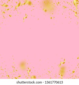 Streamers and confetti. Gold tinsel and foil ribbons. Confetti falling rain on pink background. Awesome paty overlay template. Dazzling celebration concept.