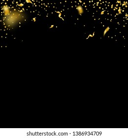 Streamers and confetti. Gold tinsel and foil ribbons. Confetti gradient on black background. Beauteous paty overlay template. Radiant celebration concept.