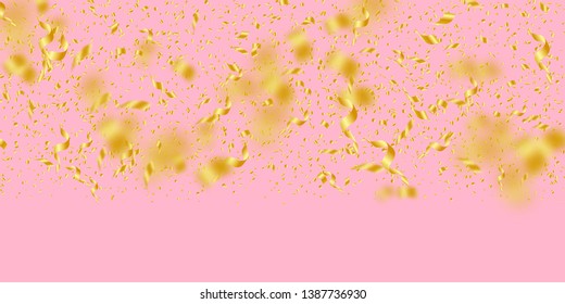 Streamers and confetti. Gold tinsel and foil ribbons. Confetti gradient on pink background. Bizarre paty overlay template. Cool celebration concept.