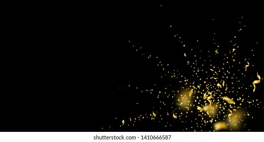 Streamers and confetti. Gold tinsel and foil ribbons. Confetti explosion on black background. Beautiful paty overlay template. Ravishing celebration concept.