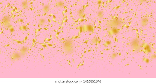 Streamers and confetti. Gold tinsel and foil ribbons. Confetti gradient on pink background. Bizarre paty overlay template. Bewitching celebration concept.