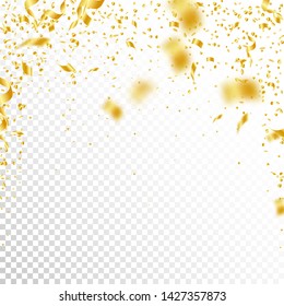 Streamers and confetti. Gold tinsel and foil ribbons. Confetti falling rain on white transparent background. Awesome paty overlay template. Authentic celebration concept.