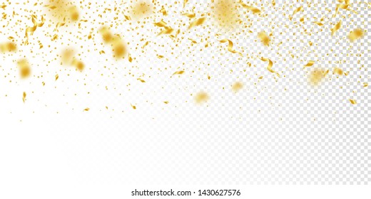 Streamers and confetti. Gold tinsel and foil ribbons. Confetti gradient on white transparent background. Bizarre paty overlay template. Appealing celebration concept.