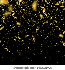 Streamers and confetti. Gold tinsel and foil ribbons. Confetti gradient on black background. Beauteous paty overlay template. Unequaled celebration concept.