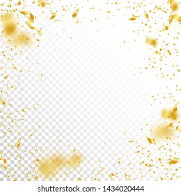 Streamers and confetti. Gold tinsel and foil ribbons. Confetti vignette on white transparent background. Beautiful paty overlay template. Energetic celebration concept.