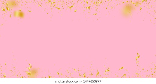 Streamers and confetti. Gold tinsel and foil ribbons. Confetti falling rain on pink background. Bewitching paty overlay template. Powerful celebration concept.
