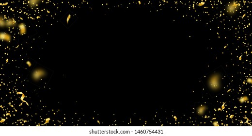 Streamers and confetti. Gold tinsel and foil ribbons. Confetti vignette on black background. Bizarre paty overlay template. Exceptional celebration concept.