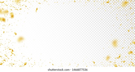 Streamers and confetti. Gold tinsel and foil ribbons. Confetti vignette on white transparent background. Bizarre paty overlay template. Exquisite celebration concept.