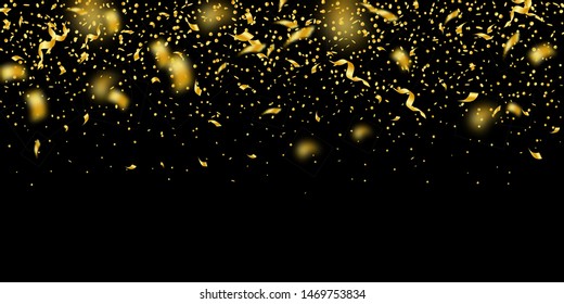 Streamers and confetti. Gold tinsel and foil ribbons. Confetti gradient on black background. Bizarre paty overlay template. Amazing celebration concept.