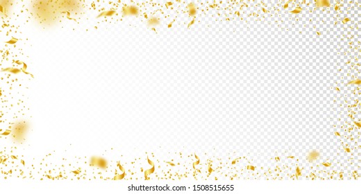 Streamers and confetti. Gold tinsel and foil ribbons. Confetti frame on white transparent background. Bewitching paty overlay template. Wondrous celebration concept.