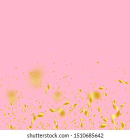 Streamers and confetti. Gold tinsel and foil ribbons. Confetti gradient on pink background. Awesome paty overlay template. Unusual celebration concept.