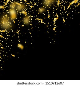 Streamers and confetti. Gold tinsel and foil ribbons. Confetti falling rain on black background. Awesome paty overlay template. Eminent celebration concept.