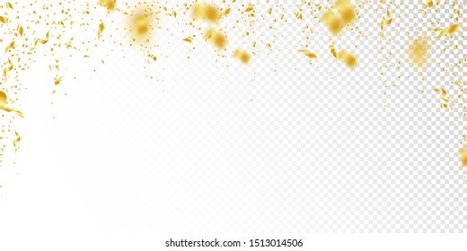 Streamers and confetti. Gold tinsel and foil ribbons. Confetti falling rain on white transparent background. Bewitching paty overlay template. Sightly celebration concept.