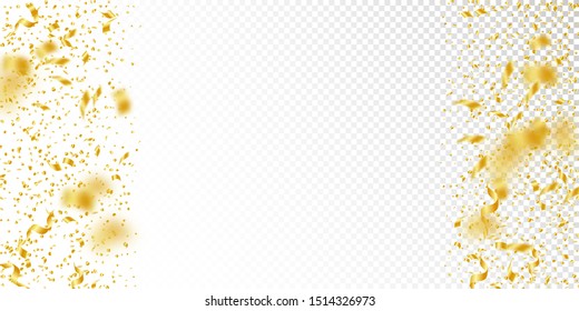 Streamers and confetti. Gold tinsel and foil ribbons. Confetti border on white transparent background. Beautiful paty overlay template. Optimal celebration concept.