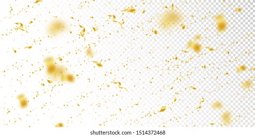 Streamers and confetti. Gold tinsel and foil ribbons. Confetti falling rain on white transparent background. Bewitching paty overlay template. Divine celebration concept.