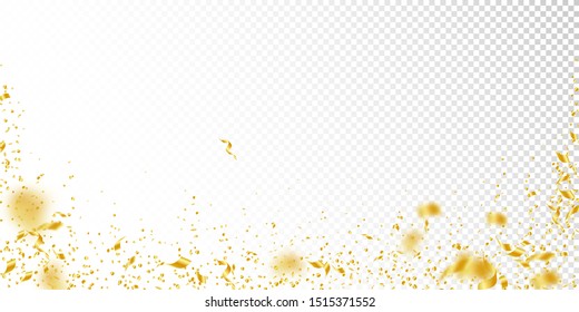 Streamers and confetti. Gold tinsel and foil ribbons. Confetti falling rain on white transparent background. Bewitching paty overlay template. Graceful celebration concept.