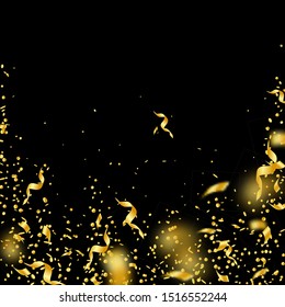 Streamers and confetti. Gold tinsel and foil ribbons. Confetti falling rain on black background. Awesome paty overlay template. Brilliant celebration concept.