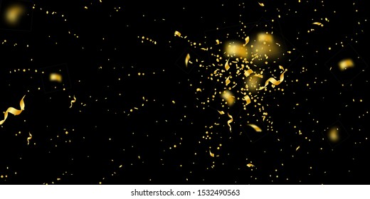 Streamers and confetti. Gold tinsel and foil ribbons. Confetti explosion on black background. Beautiful paty overlay template. Superb celebration concept.