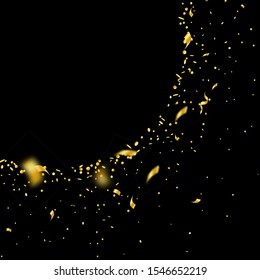 Streamers and confetti. Gold tinsel and foil ribbons. Confetti corner on black background. Authentic paty overlay template. Energetic celebration concept.