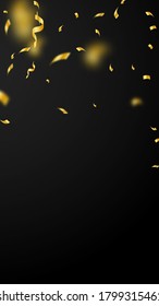 Streamers and confetti. Gold streamers tinsel and foil ribbons. Confetti falling rain on black background. Bewitching party overlay template. Extraordinary celebration concept.