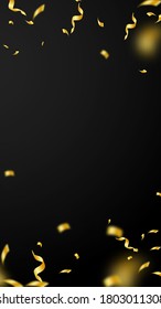 Streamers and confetti. Gold streamers tinsel and foil ribbons. Confetti vignette on black background. Beautiful party overlay template. Charming celebration concept.