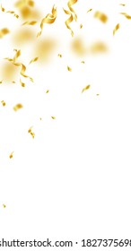 Streamers and confetti. Gold streamers tinsel and foil ribbons. Confetti falling rain on white background. Bewitching party overlay template. Classic celebration concept.