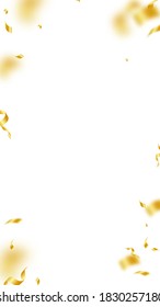 Streamers and confetti. Gold streamers tinsel and foil ribbons. Confetti vignette on white background. Beauteous party overlay template. Valuable celebration concept.